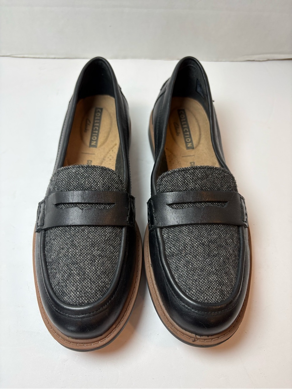 Clarks Raisie Aletta Black Leather & Gray Tweed Slip-On Penny Loafers Size 6M